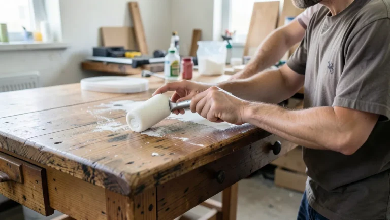 Applying white primer with a foam roller over a stained wood tabletop