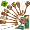 AIUHI 11-Piece Natural Teak Wood Kitchen Utensil Set with Holder
