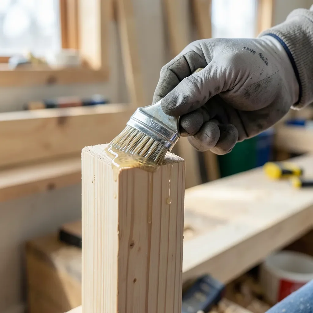Brushing clear wood preservative onto a raw pine deck post
