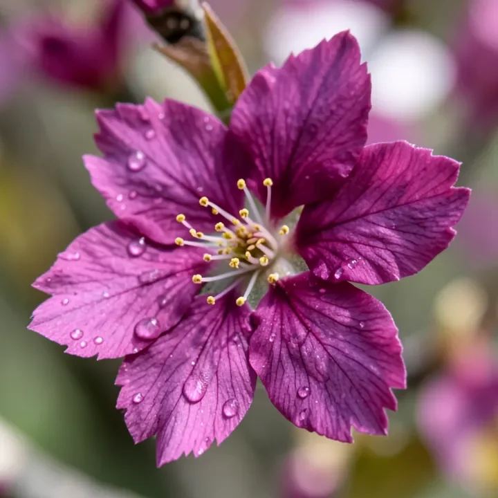 Macro close-up of a five-petal deep magenta-purple cherry blossom flower showing anthocyanin pigmentation