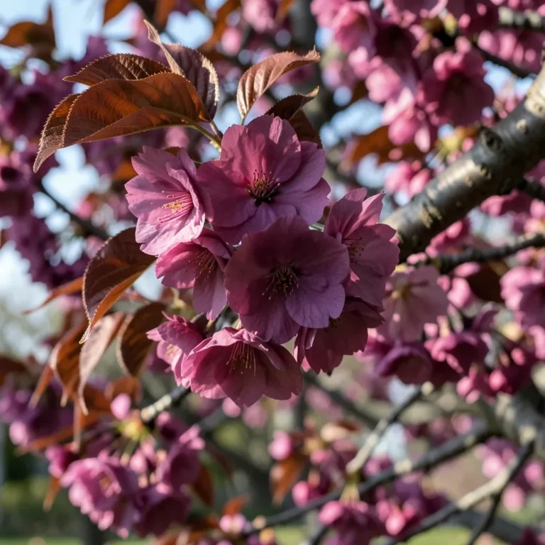 Deep magenta-purple 'Royal Burgundy' cherry blossoms with reddish-purple foliage