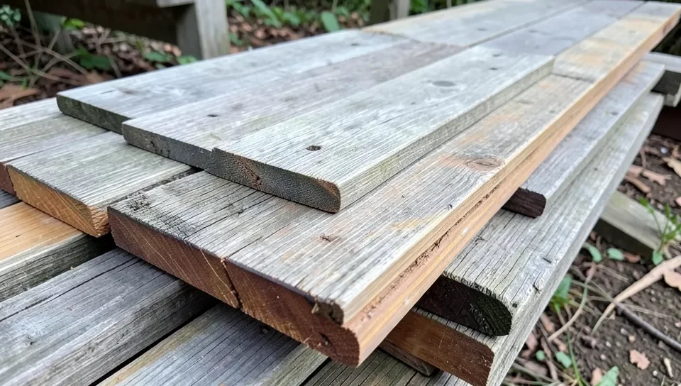 Weathered reclaimed teak decking planks stacked outdoors showing natural grey patina