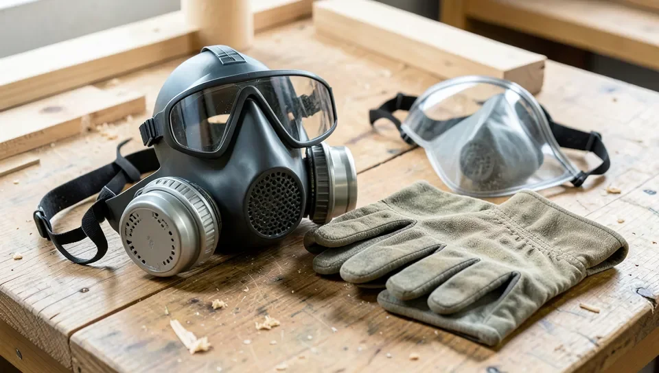 Respirator, safety goggles, and work gloves laid out for paint-stripping safety