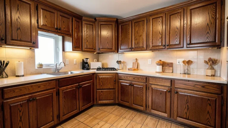 Kitchen with newly restained oak cabinets in a rich dark brown color