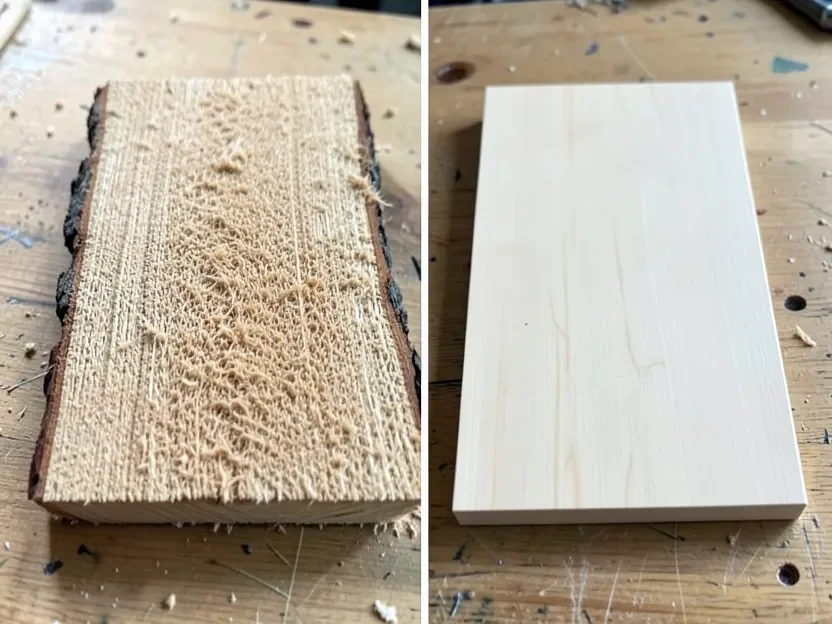 Rough-sawn lumber next to S4S surfaced lumber showing the texture difference