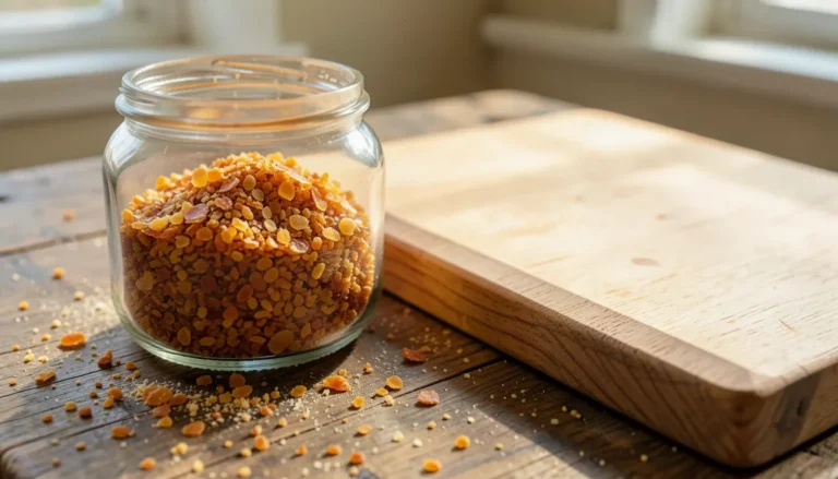 Amber shellac flakes in a jar next to a sanded oak board being prepared for finish