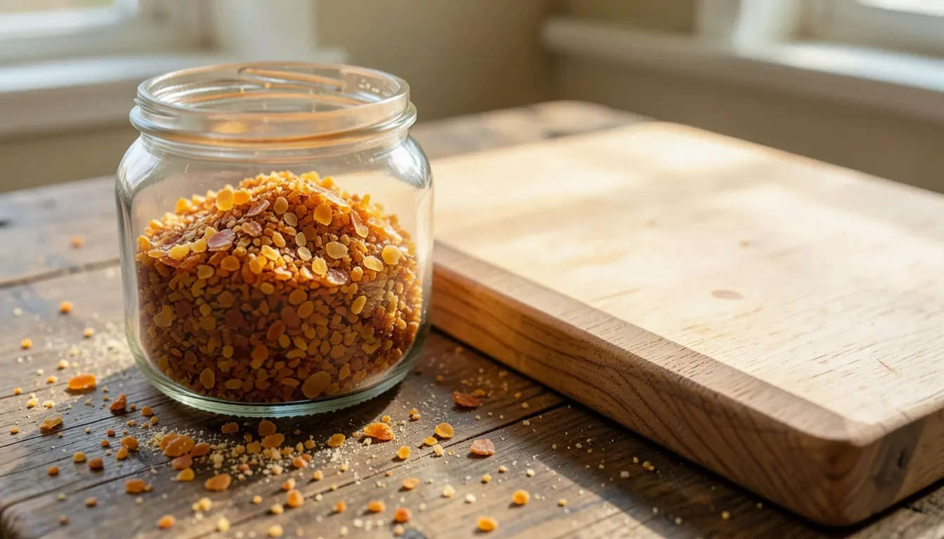 Amber shellac flakes in a jar next to a sanded oak board being prepared for finish