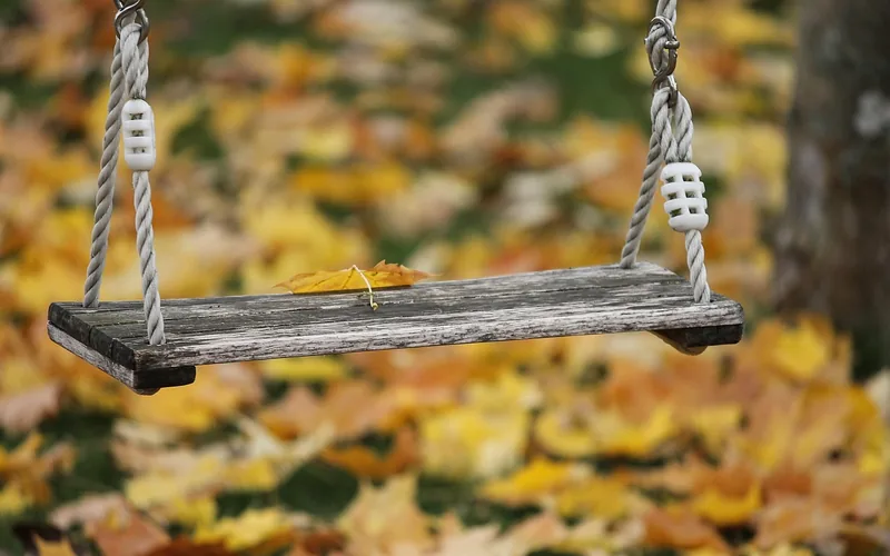 Weathered wooden swing seat hanging on rope in a backyard with autumn leaves Weathered wooden swing seat hanging on rope in a backyard with autumn leaves