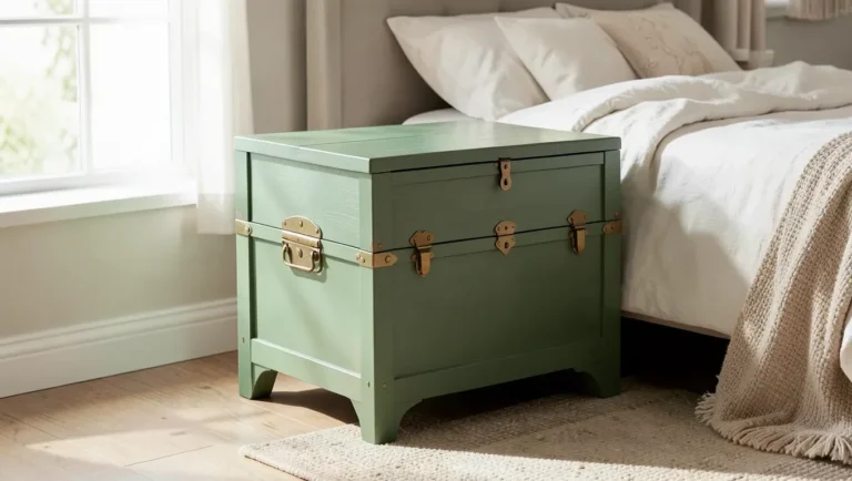 Sage green painted cedar chest at the foot of a bed