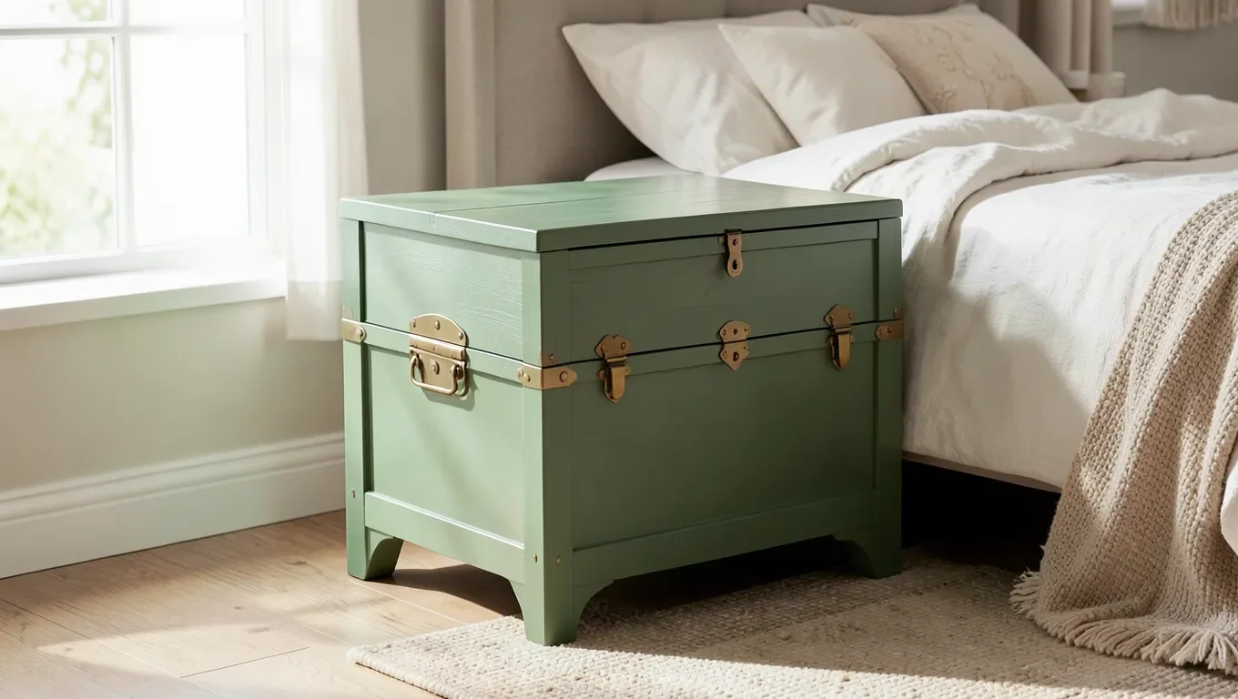 Sage green painted cedar chest at the foot of a bed