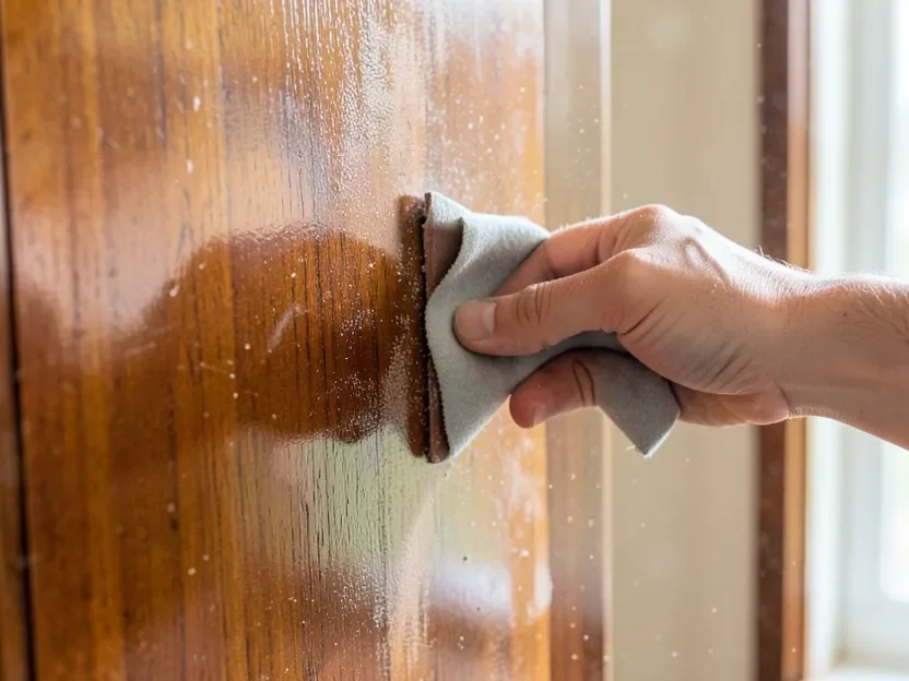Hand sanding the glossy existing finish off a wood cabinet door before staining