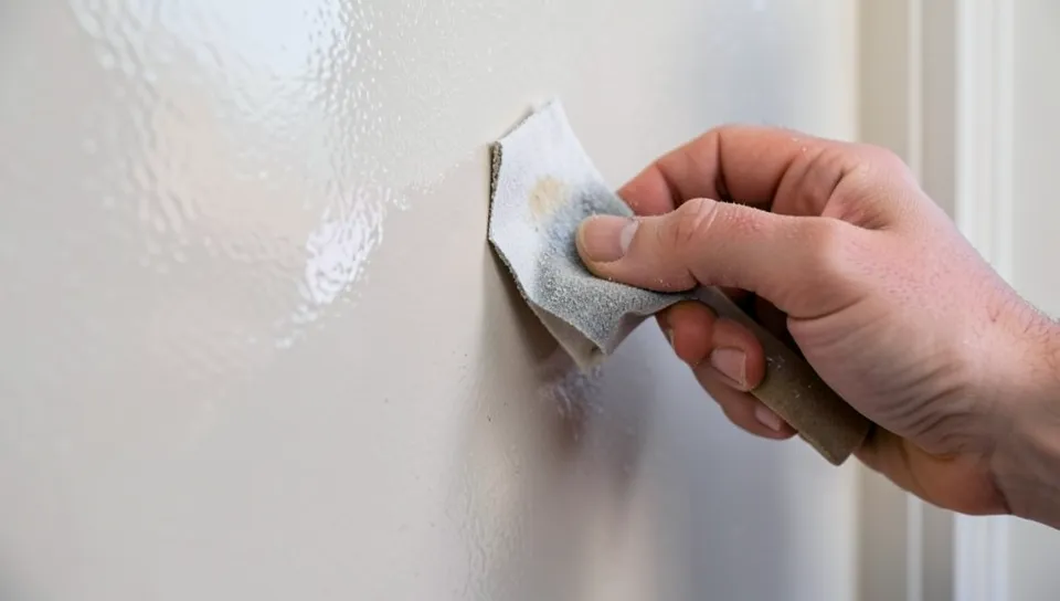 Sanding a glossy painted wall to dull the sheen before priming