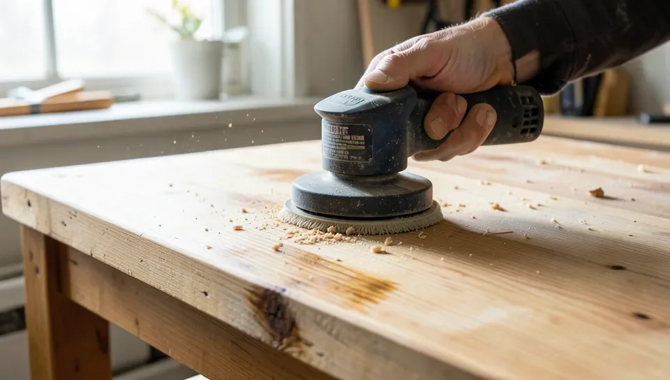 An orbital sander stripping old stain off a wood tabletop