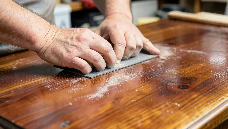 Sanding the old glossy varnish off a wood tabletop before restaining