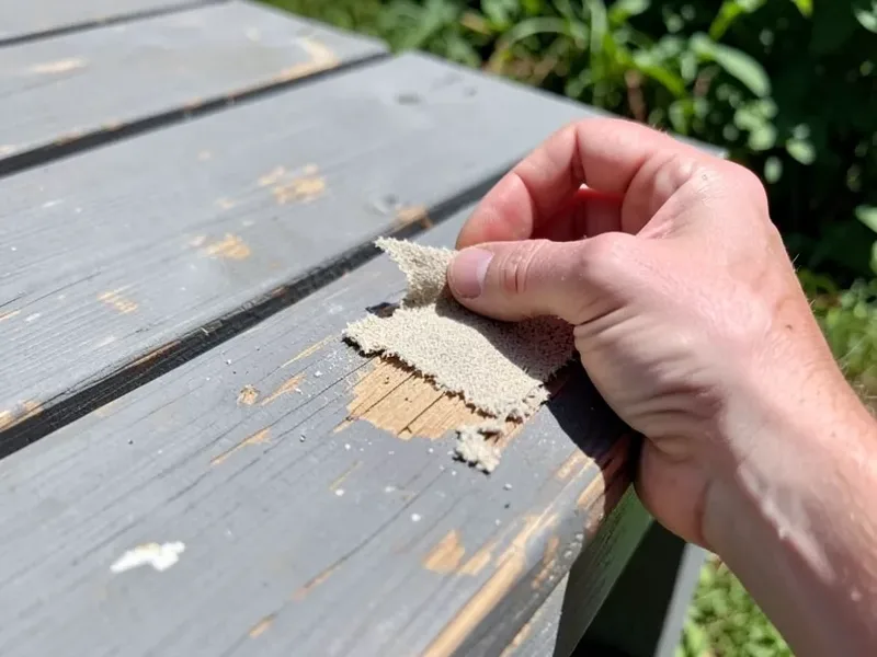 Hand-sanding a painted deck board to expose bare wood before staining