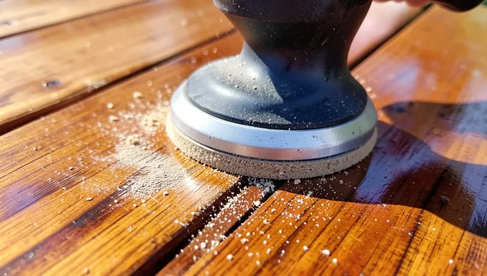 Sanding a stained deck board to give the primer a surface to grip