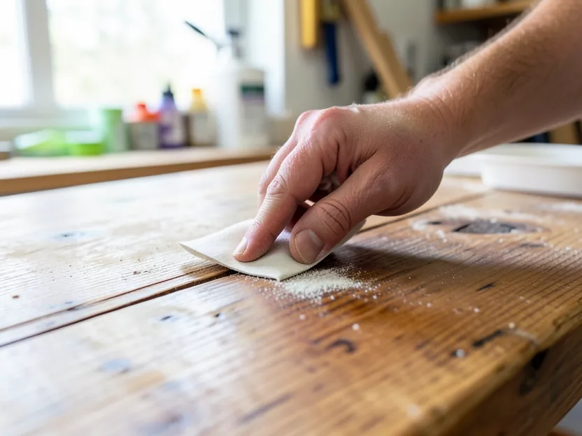Hand lightly sanding a stained wood tabletop with fine sandpaper to prepare it for primer