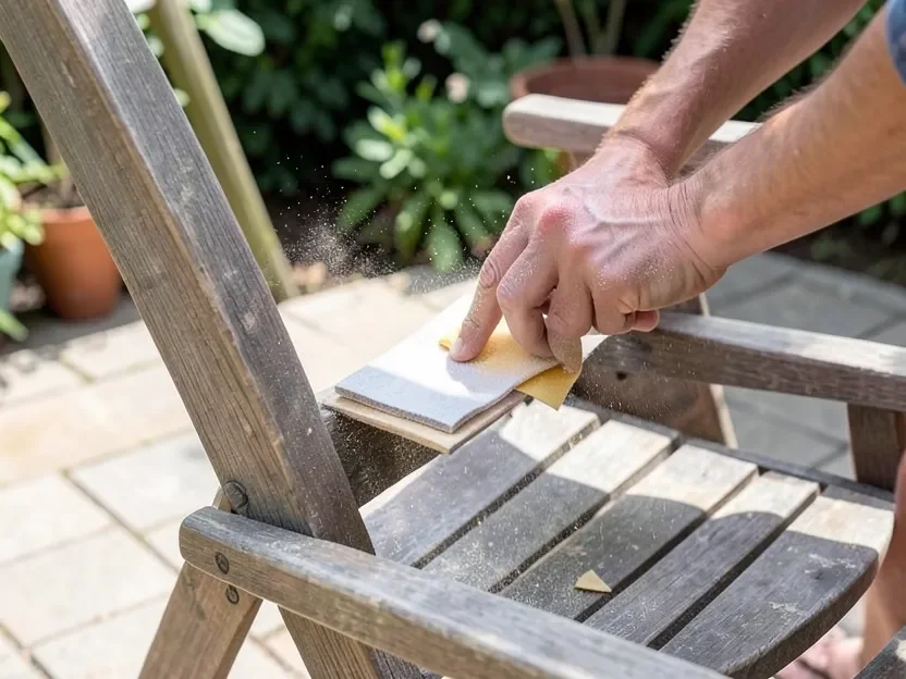 Sanding a weathered wooden outdoor chair by hand to prep the surface before priming