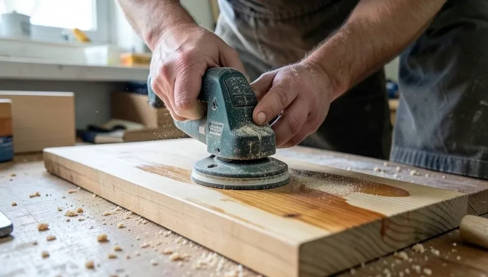 Sanding a wood board to prepare it for a new coat of stain