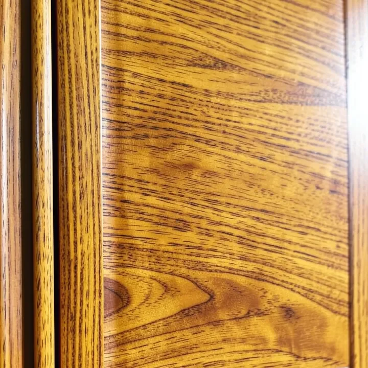 Close-up of sapele wood cabinet panel showing pronounced ribbon-stripe grain