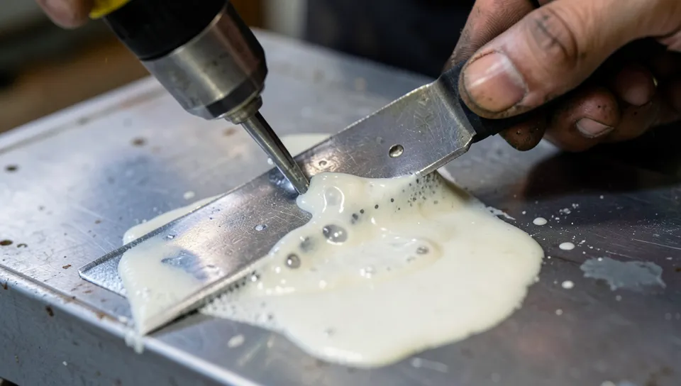 Metal scraper removing bubbled softened paint from a metal surface after heat gun treatment