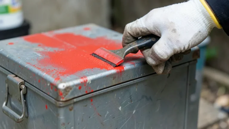 A gloved hand using a scraper to remove red spray paint from a metal toolbox