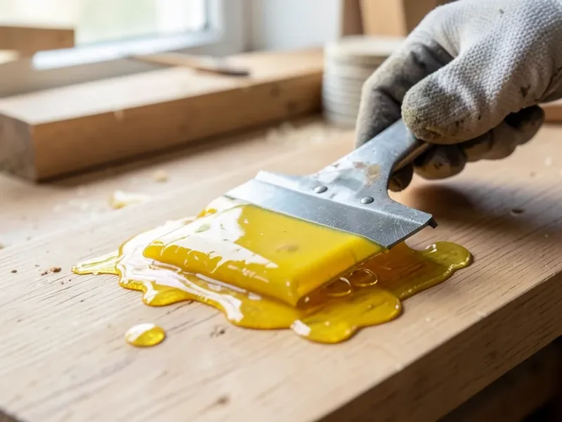 Scraping softened bubbled paint off a wood surface after applying chemical stripper