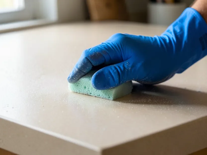 Scuff-sanding a laminate countertop by hand to create tooth for bonding primer