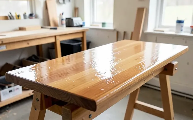 A freshly sealed wooden board curing on sawhorses in a ventilated workshop A freshly sealed wooden board curing on sawhorses in a ventilated workshop
