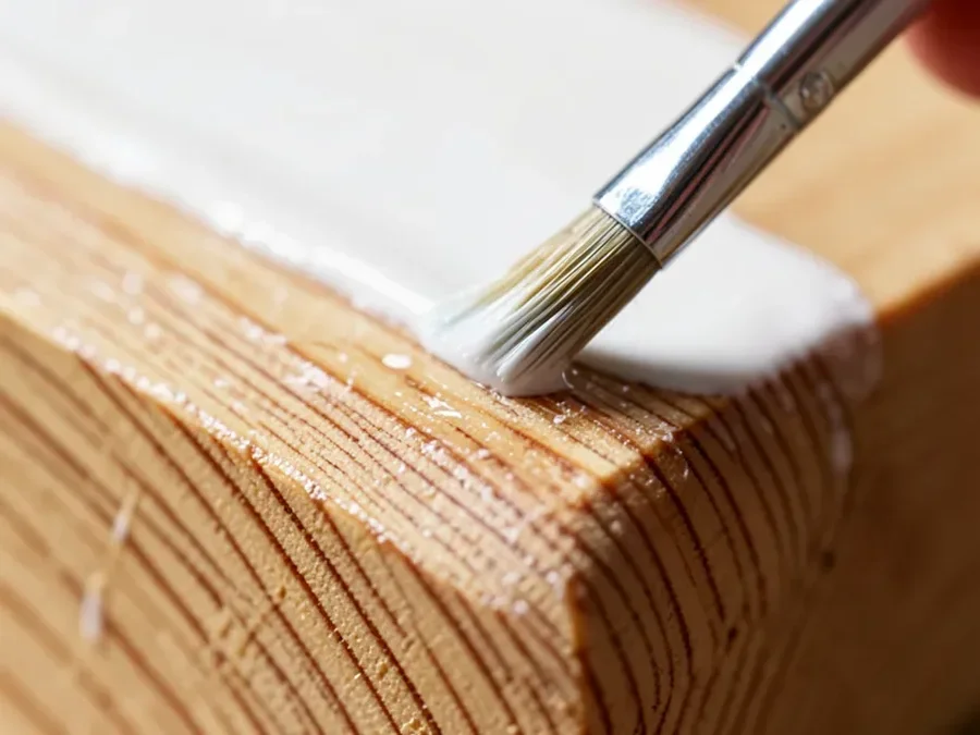 Close-up of primer being brushed onto the cut end grain of a pine board, the spot most guides forget to seal
