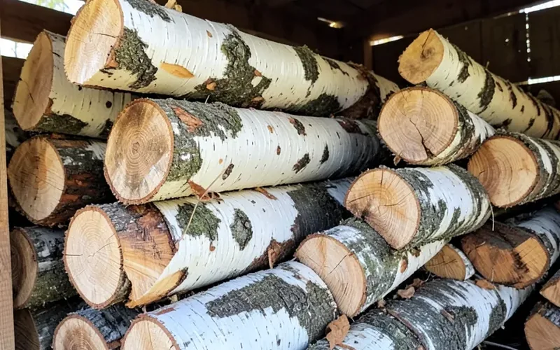 Seasoned birch firewood stacked and drying in a covered woodshed Seasoned birch firewood stacked and drying in a covered woodshed