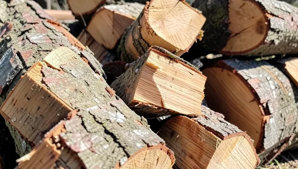 Stack of seasoned oak wood chunks and splits ready for smoking