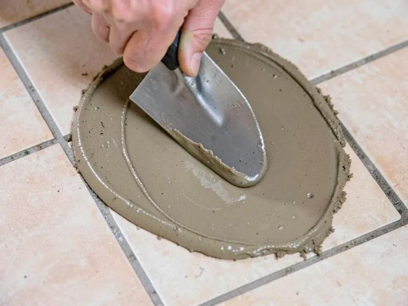 Self-leveling compound being spread over a tile floor to fill grout lines