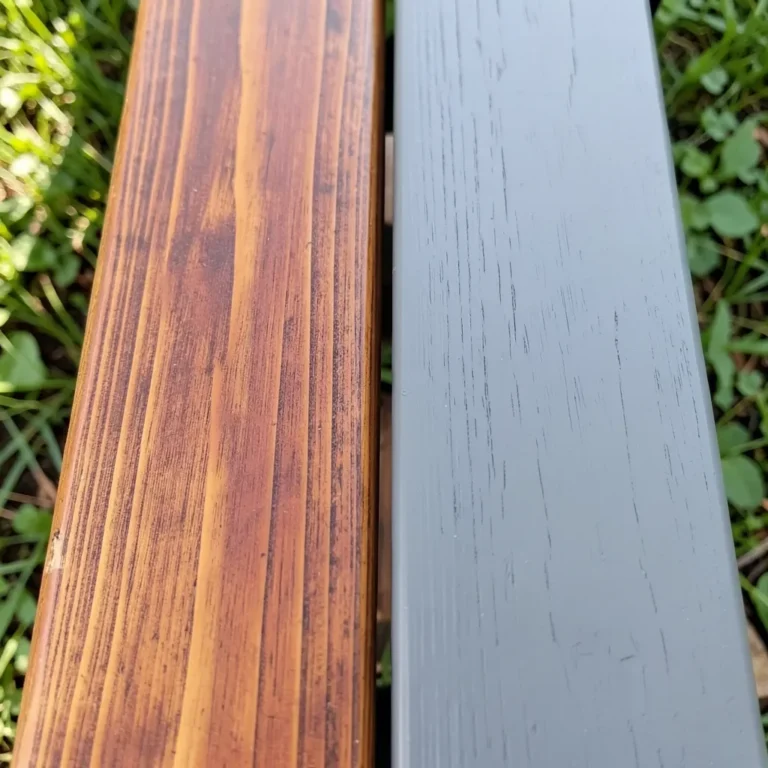Side by side comparison of semi-solid reddish-brown wood stain showing grain versus solid opaque gray stain hiding grain on deck boards