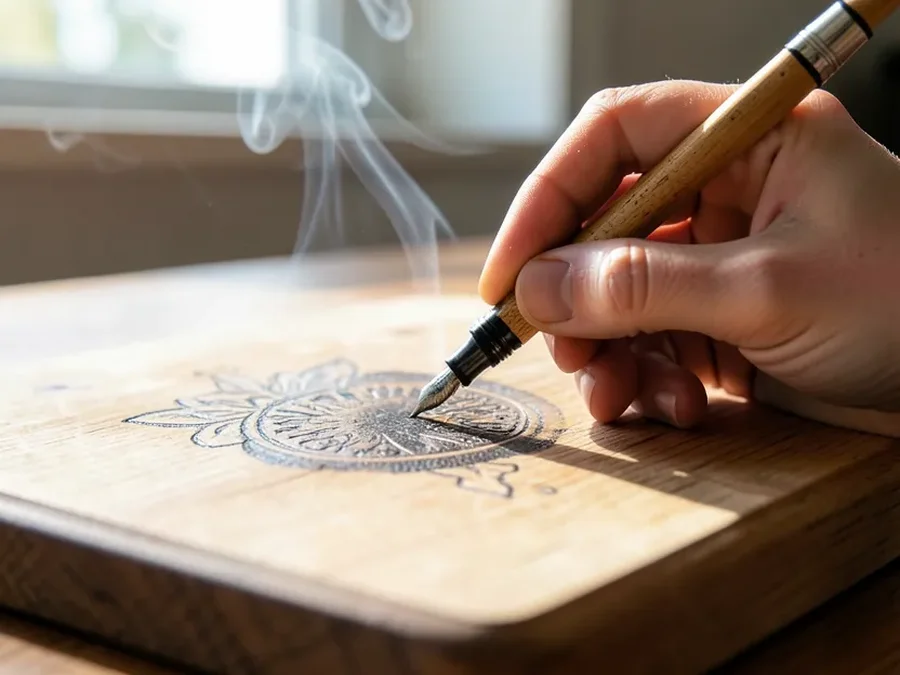 Hand using a wood burning pen to shade a design on a wooden cutting board