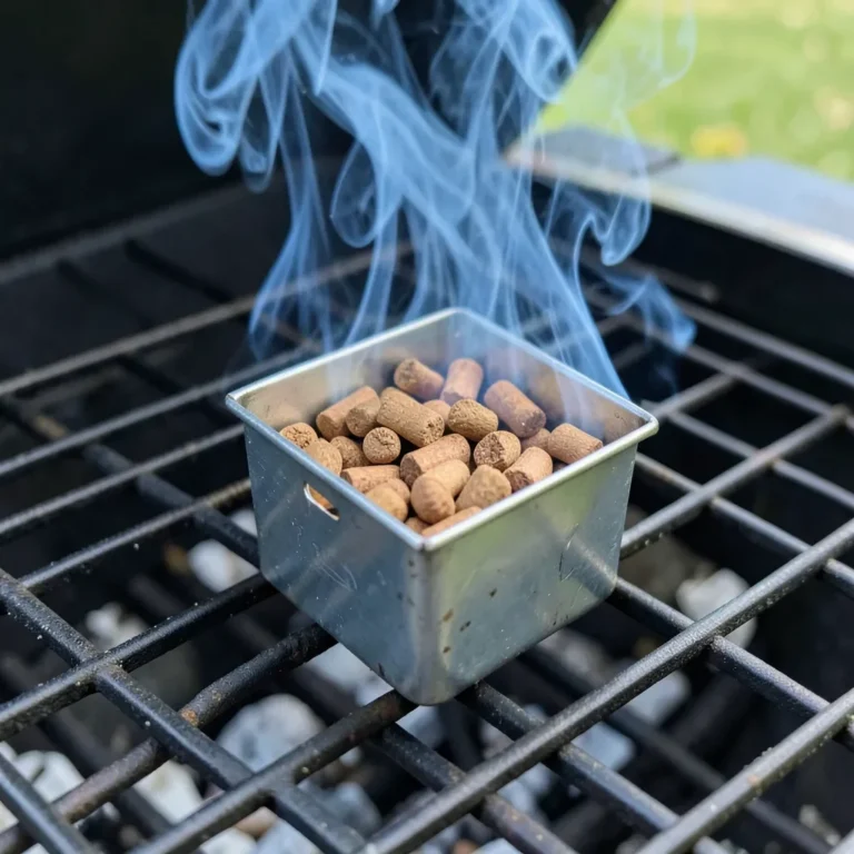 Metal smoker box filled with wood pellets on a gas grill grate with smoke rising