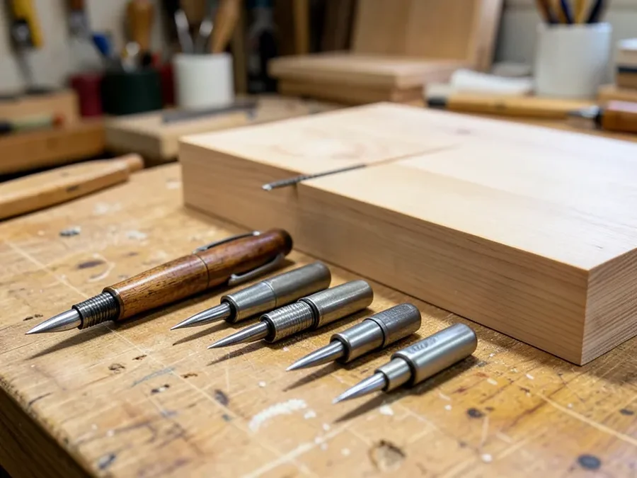 Solid-point wood burning pen with interchangeable tips next to a piece of basswood