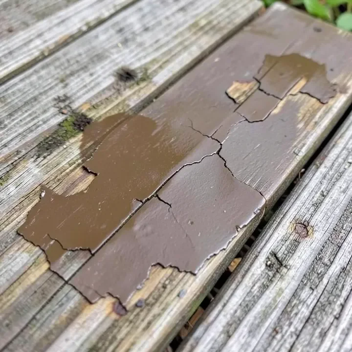 Solid opaque wood stain cracking and peeling on a weathered deck floor board