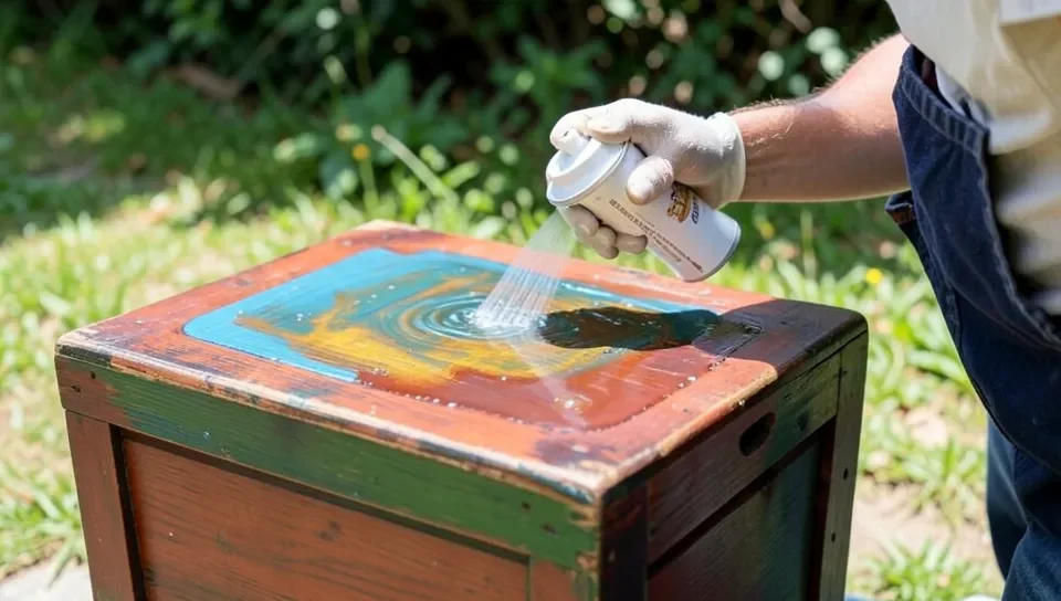 Spraying clear sealer onto a painted wooden box