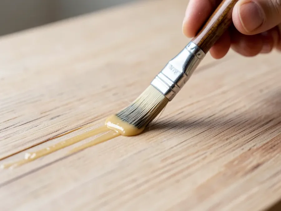Wood glue being spread in a thin even layer onto a wood surface with a small brush