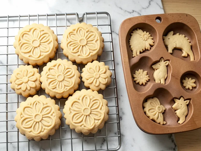 Freshly baked springerle cookies with raised carved designs next to the wooden cookie mold used to make them