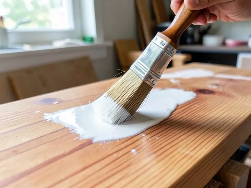 Stain-blocking primer being brushed onto raw cedar wood before painting