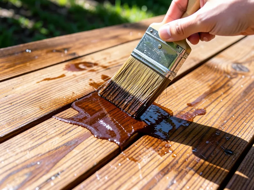 Close-up of a paintbrush applying rich brown wood stain to an outdoor deck board