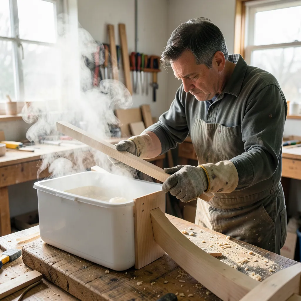 Pulling steamed wood from a steam box and bending it around a form