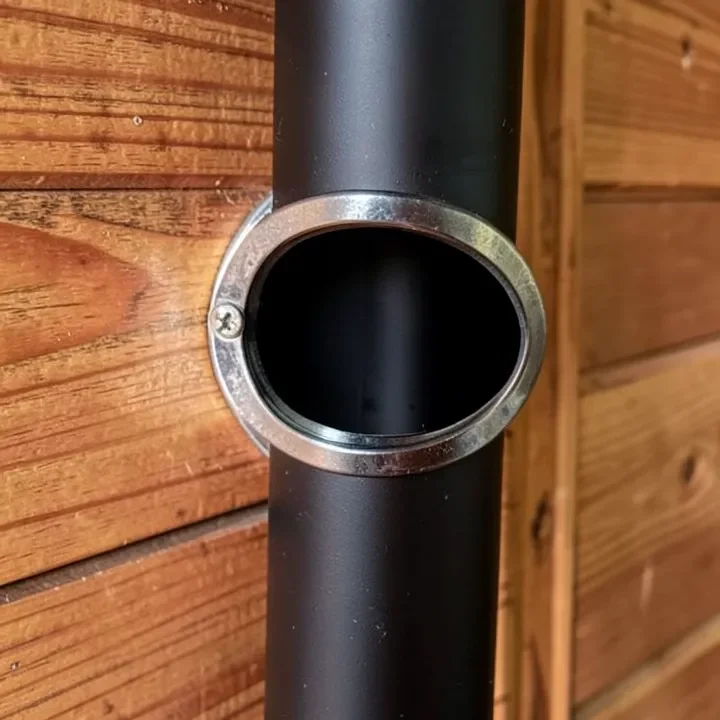 Double-wall stovepipe passing through a wall thimble with clearance from combustible wood wall