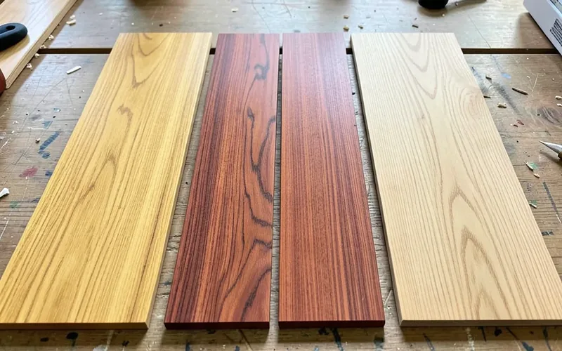 four different wood plank samples compared side by side, teak, iroko, meranti, and cedar four different wood plank samples compared side by side, teak, iroko, meranti, and cedar