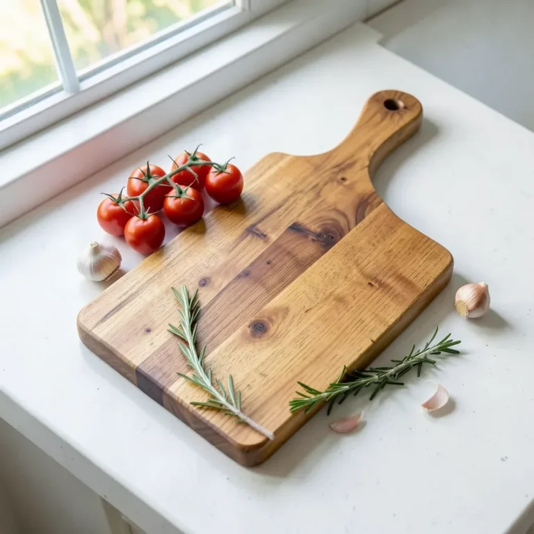 Golden-brown teak wood cutting board with fresh tomatoes, garlic, and rosemary on a kitchen counter