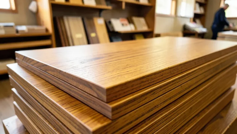 Stack of golden-brown teak lumber boards with visible straight grain at a specialty hardwood dealer