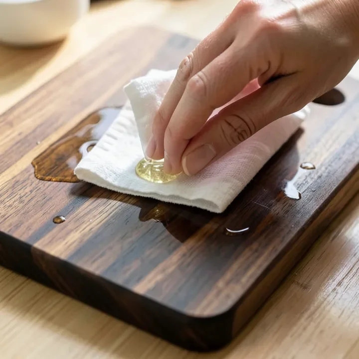 applying mineral oil to a walnut cutting board with a cloth applying mineral oil to a walnut cutting board with a cloth