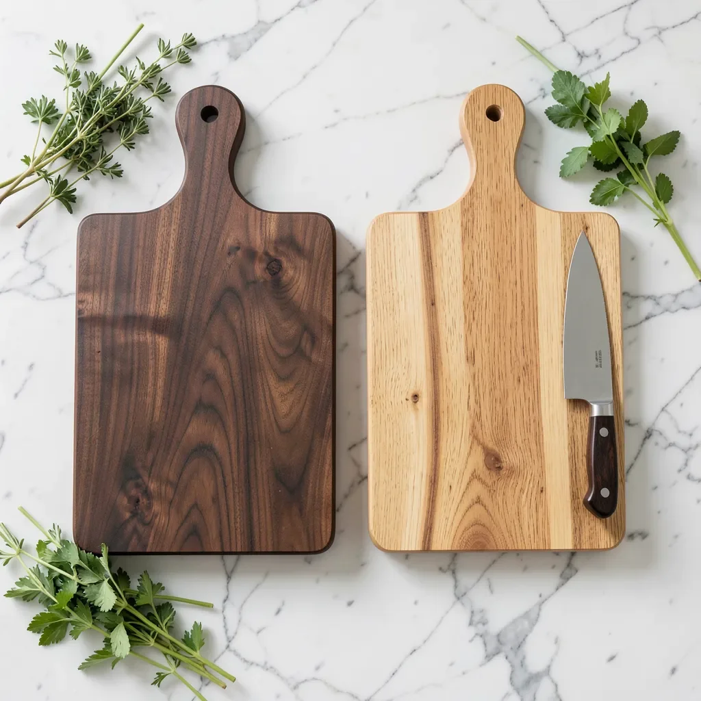 teak and walnut cutting boards side by side with a chef knife and herbs